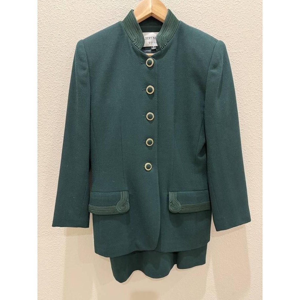 Vtg Albert Nipon Wool Skirt Suit Set 4 Dark Green Mandarin Military Soutache